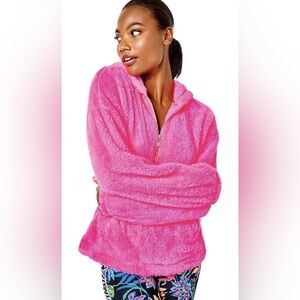 NEW LILLY PULITZER Suri Sherpa Hoodie PINK GRENADINE Pullover NWT L Large